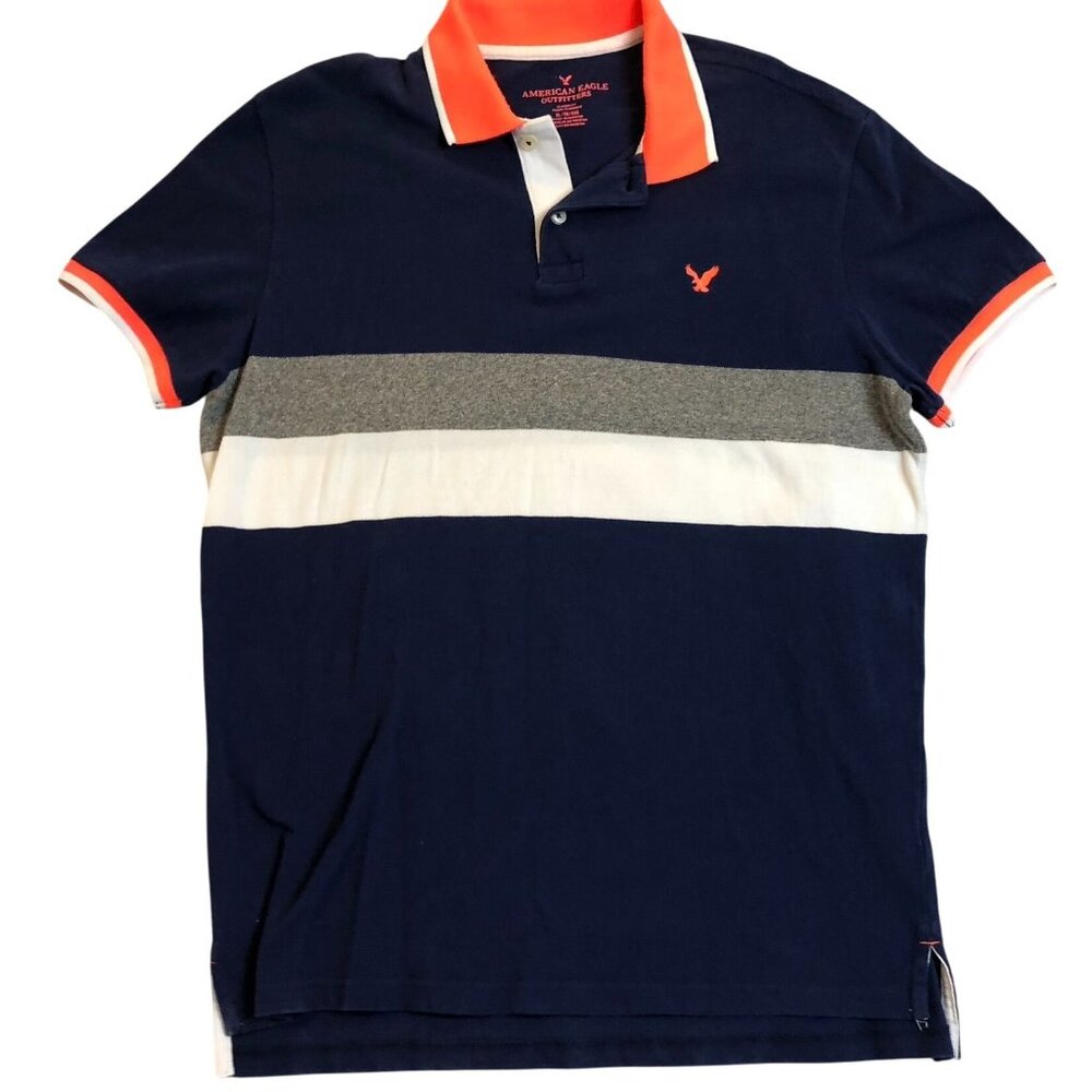 American Eagle Men's Polo Shirt XL Classic Fit Stripe Design Navy